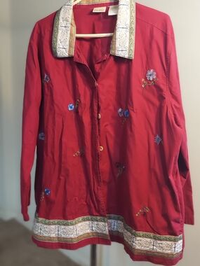 Bobbie Brooks Red Button-Up Shirt with Embroidered Trim